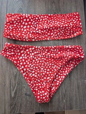 Bandeau Style Red White Print Bikini Set